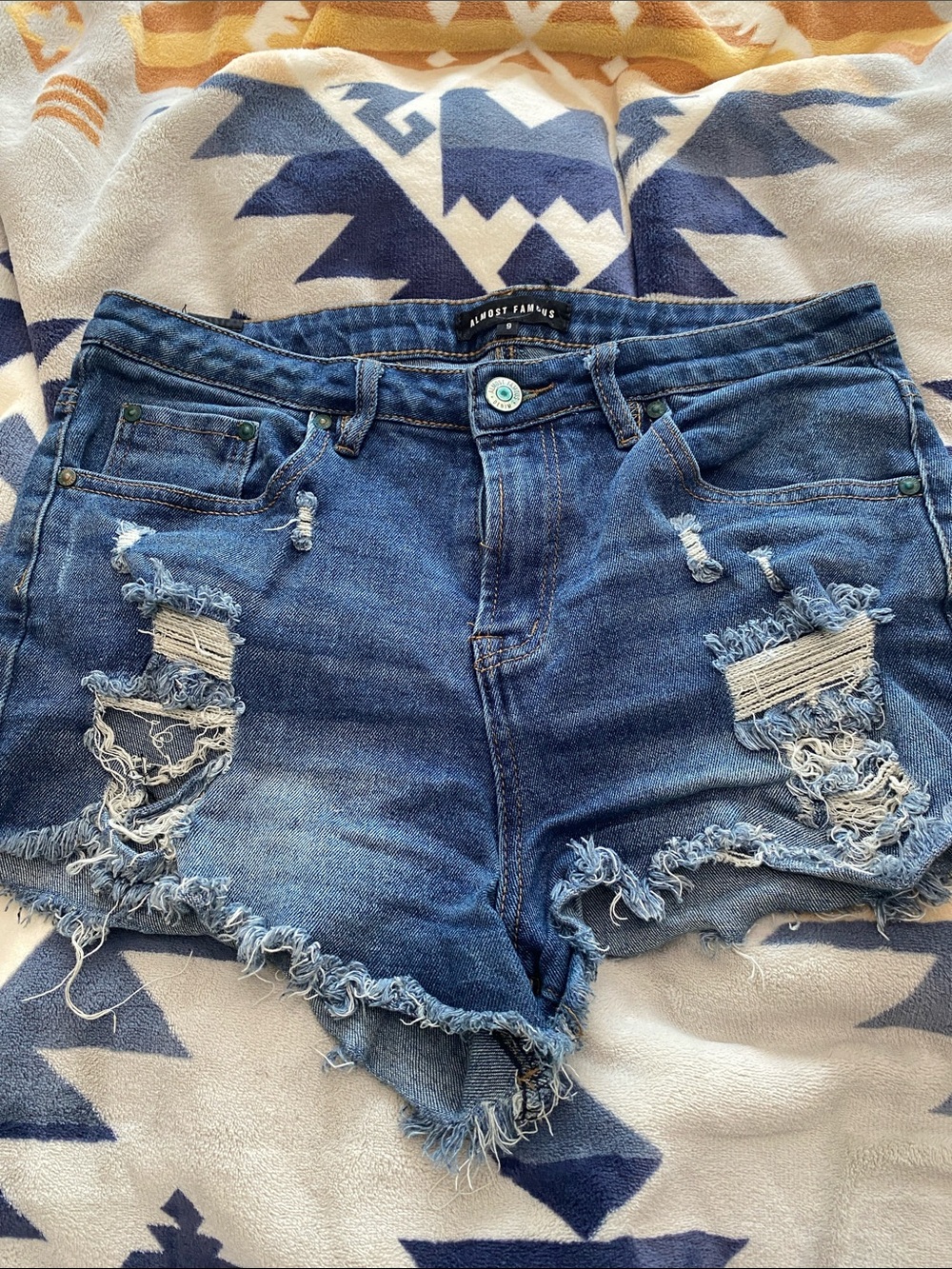 Almost Famous Frayed Ripped Denim Shorts - Blue